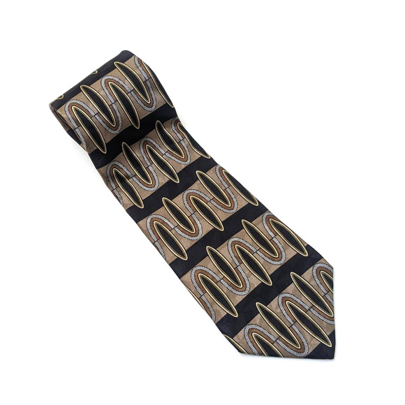 Vintage 80's 90s Louis Feraud Brown Black Abstract Geometric Print Silk Neck Tie - Picture 2 of 7